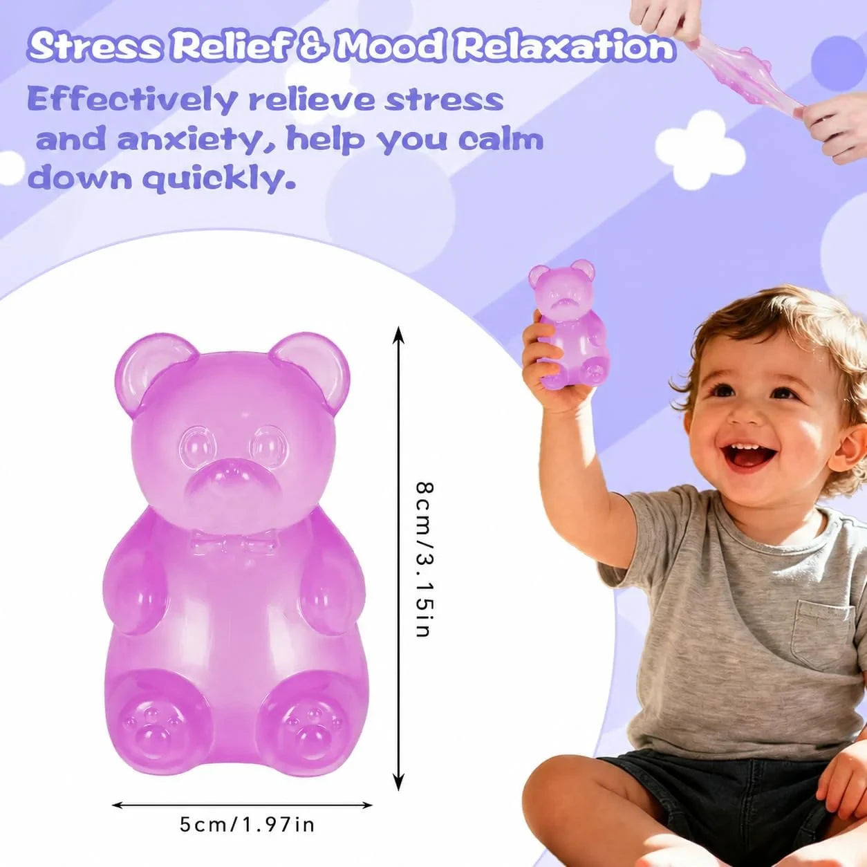 Gummy Bear Squishy Toy for Kids Ages 3+, Slow Rising Soft Foam Bear Squeeze Toy for Boys, Girls & Adults, Cute Sensory Bear Toy, Birthday & Valentine’s Day Gift(Purple)