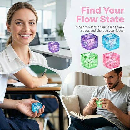Glitter Ice Cube Squishy Fidget Toys, Squishy Cube Stress Balls for Adults & Kids, Slow Rising Stress Relief Toys, Squeeze Ball Filled with Thick Substance and Glitter (Pink)