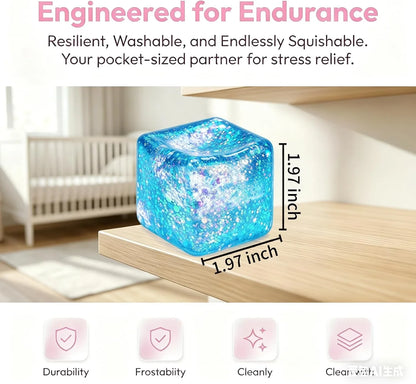 Glitter Ice Cube Squishy Fidget Toys, Squishy Cube Stress Balls for Adults & Kids, Slow Rising Stress Relief Toys, Squeeze Ball Filled with Thick Substance and Glitter (Blue)