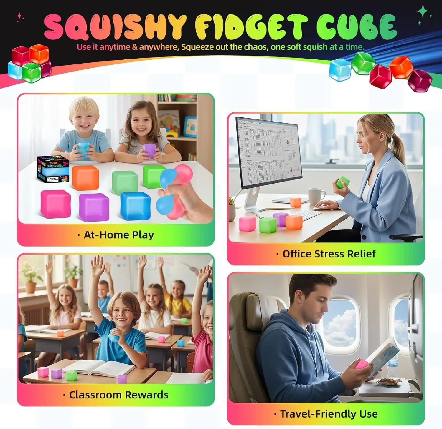 Stress Cube Squishy Fidget Toys, Slow Rising Ice Cube Sensory Stress Balls for Kids Adults Anxiety Relief Squeeze Toy for Classroom Prizes Party Favors (Blue)