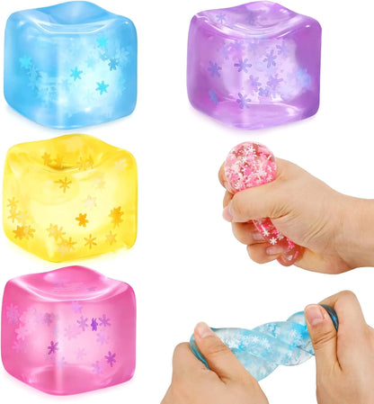 Fidget Toy Stress Cube- 4 Pack Sensory Squeeze Toys, Slow Rising Squishy Cube Filled with Thick Substance and Snowflakes Crafts, Anxiety Stress Relief Calming Tool for Adults and Kids - US 8114