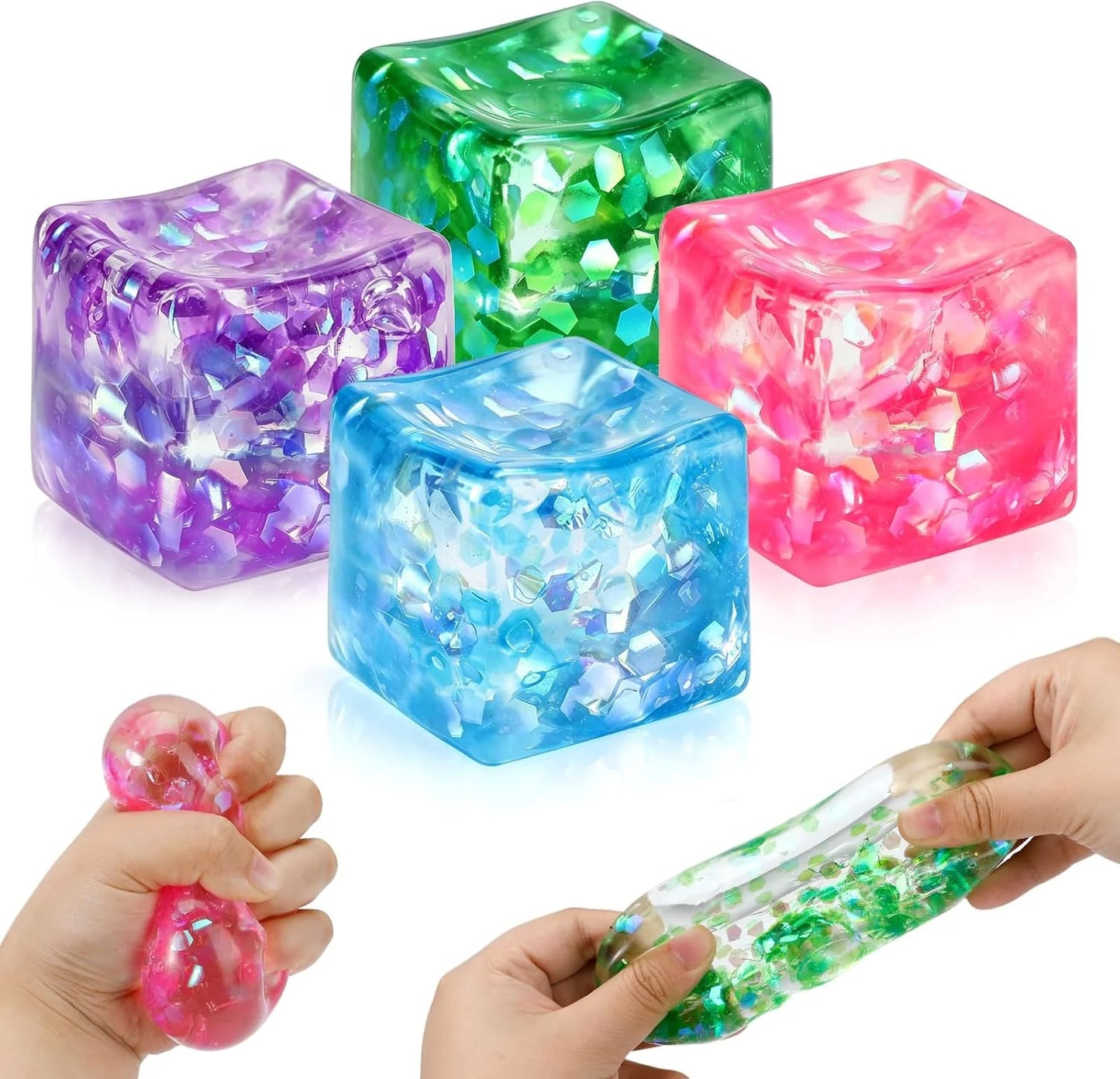 4 Pack Glitter Ice Cube Squishy, Slow Rising Stress Relief Toys, Square Stree Balls Fidget Toys for Adults Boys Girls, Squeeze Ball Sensory Toys for Kids with Autism, Party Favors Gifts - US 5126