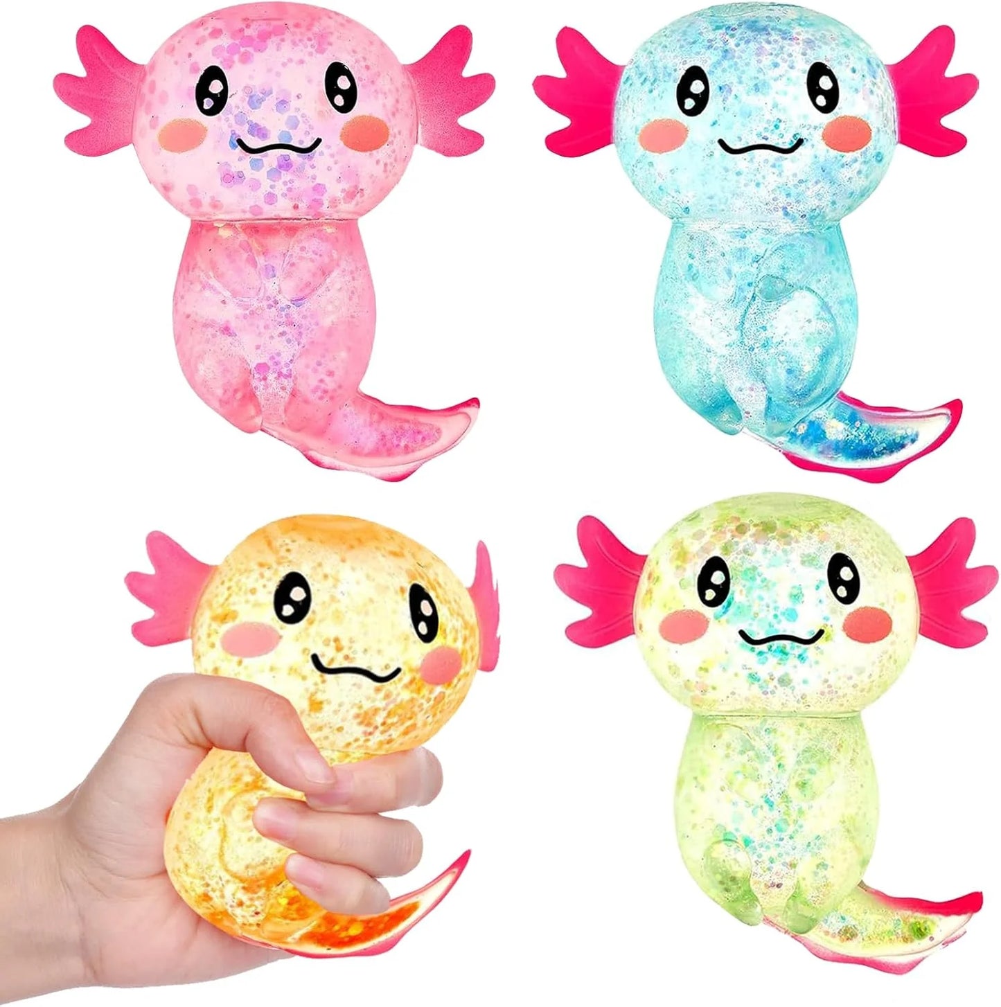 Sezua Squishy Fidget Stress Ball - 4 Pack Taba Squishies Squeeze Sensory Axolotl Toys, Axolotl Squishy Sugar Stress Ball Toys for Adults Kid, Glitter Salamander Gift for Party Birthday Christmas - US 6768