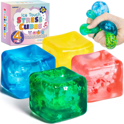 4 Pack Fidget Toy Stress Cube, Slow Rise Stress Balls Ice Cube,Mellow and Chill,Square Squishy Balls for Anxiety Relief,Cube Squishy,Prize Box Toys for Kids Classroom Birthday Gifts Party Favors - US 7108