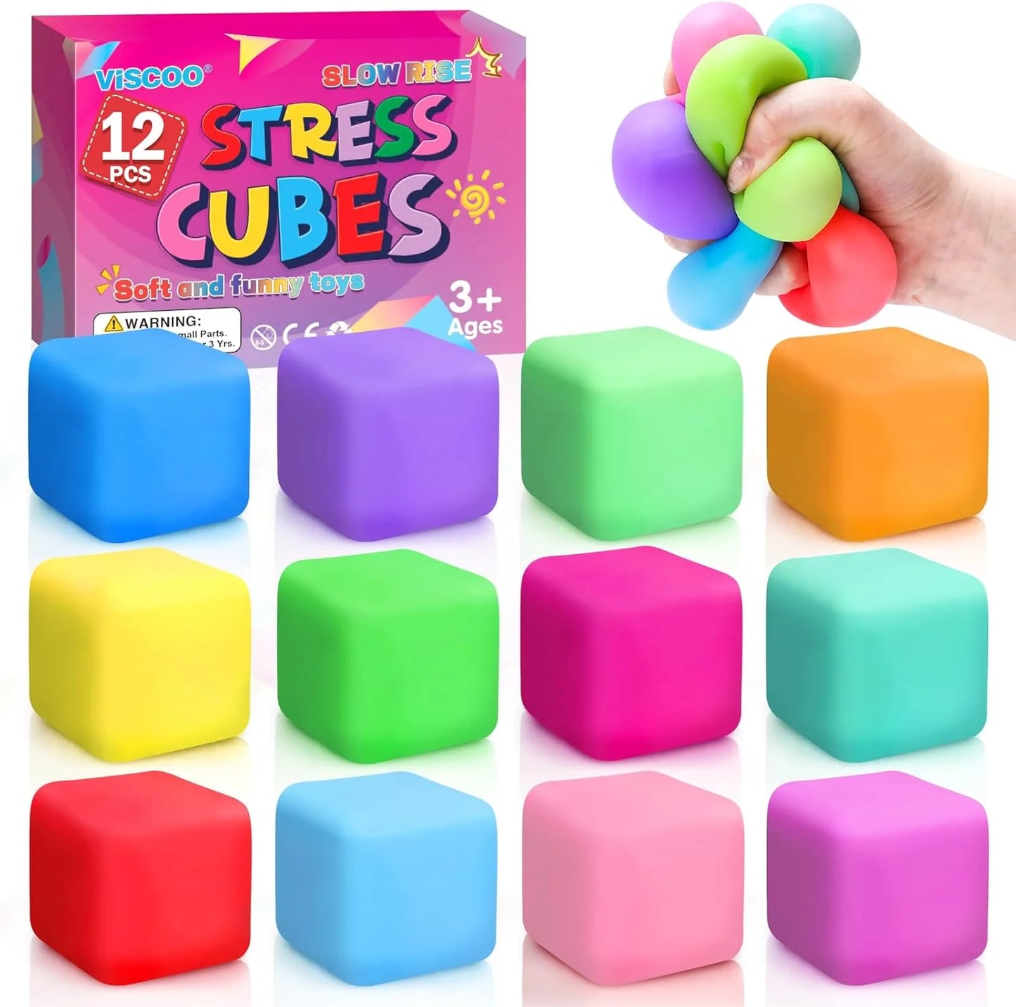 12 Pack Slow Rising Stress Cube, Dough Stress Balls Squishy Fidget Toys for Anxiety Relief, Soft Fidget Cube, Pull Stretch Squishy Toys for Classroom Prize, Party Favors for Kids Adults - US 4438