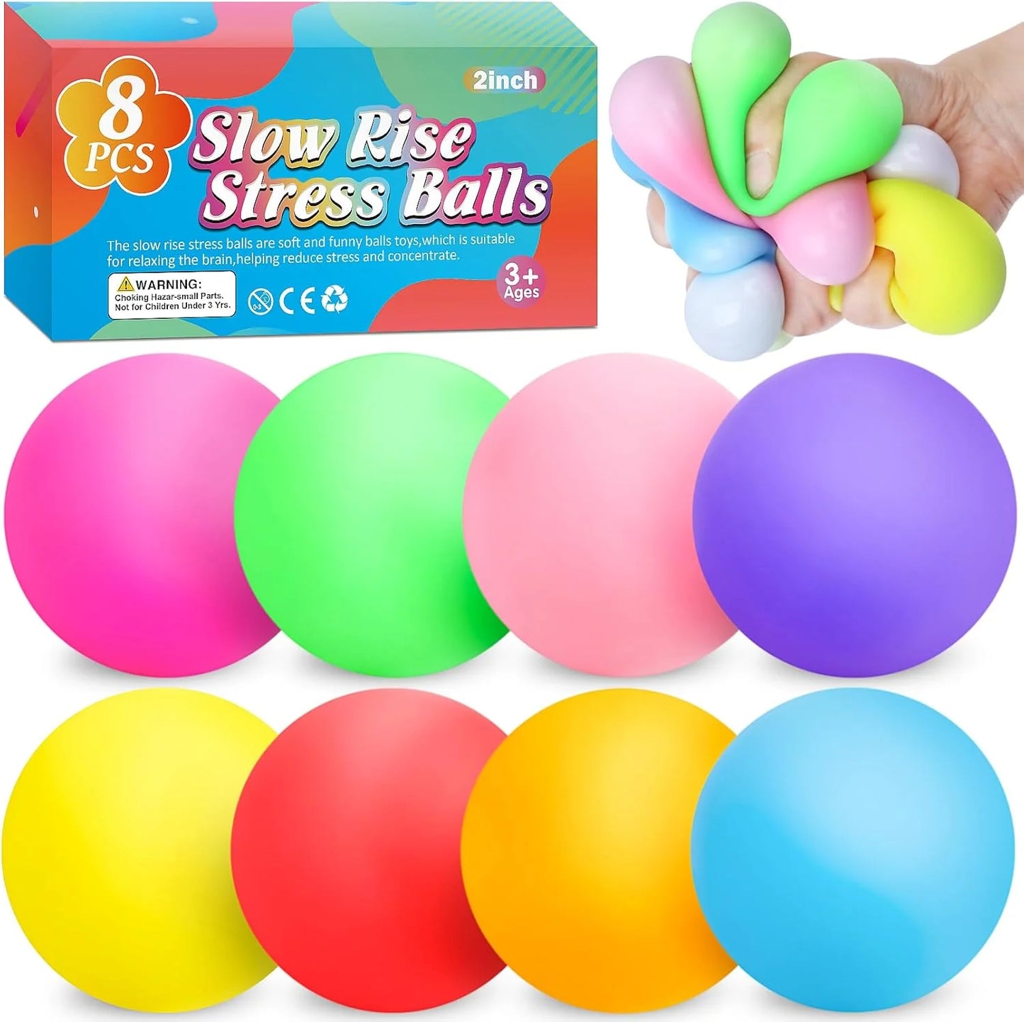 8 Pack Slow Rising Stress Ball,Stress Balls for Kids Adults,Stretchy Fidget Toys for Anxiety Relief,Hand Therapy Sensory Squishy Ball,Squishy Toys,Treasure Prize Box Toys for Kids Classroom - US 3159