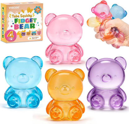 VISCOO 4 Pack Stress Bear Squishy Ball, Sugar Filled Gummy Bear Toys, Taba Squishy Toys for Kids Stress Relief, High Density Stress Balls for Calming - Soft Squeeze Balls Party Favors Birthday Gifts - US 1634