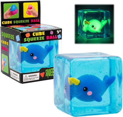 Cube Squeeze Ball Stress Fidget Toy, Glow in the Dark Gel Filled Ice Cube, Slow Rising Squishy Sensory Toy for Anxiety Relief, Kids and Adults (Narwhal) - US 4855
