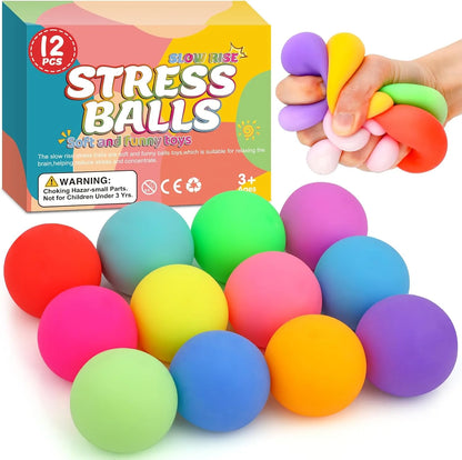12 Pack Slow Rising Stress Ball,Stress Balls for Kids Adults,Stretchy Fidget Toys for Stress Relief,Hand Therapy Sensory Squishy Ball, Squishy Toys for Kids, Classroom Prize Box Party Favors - US 9619
