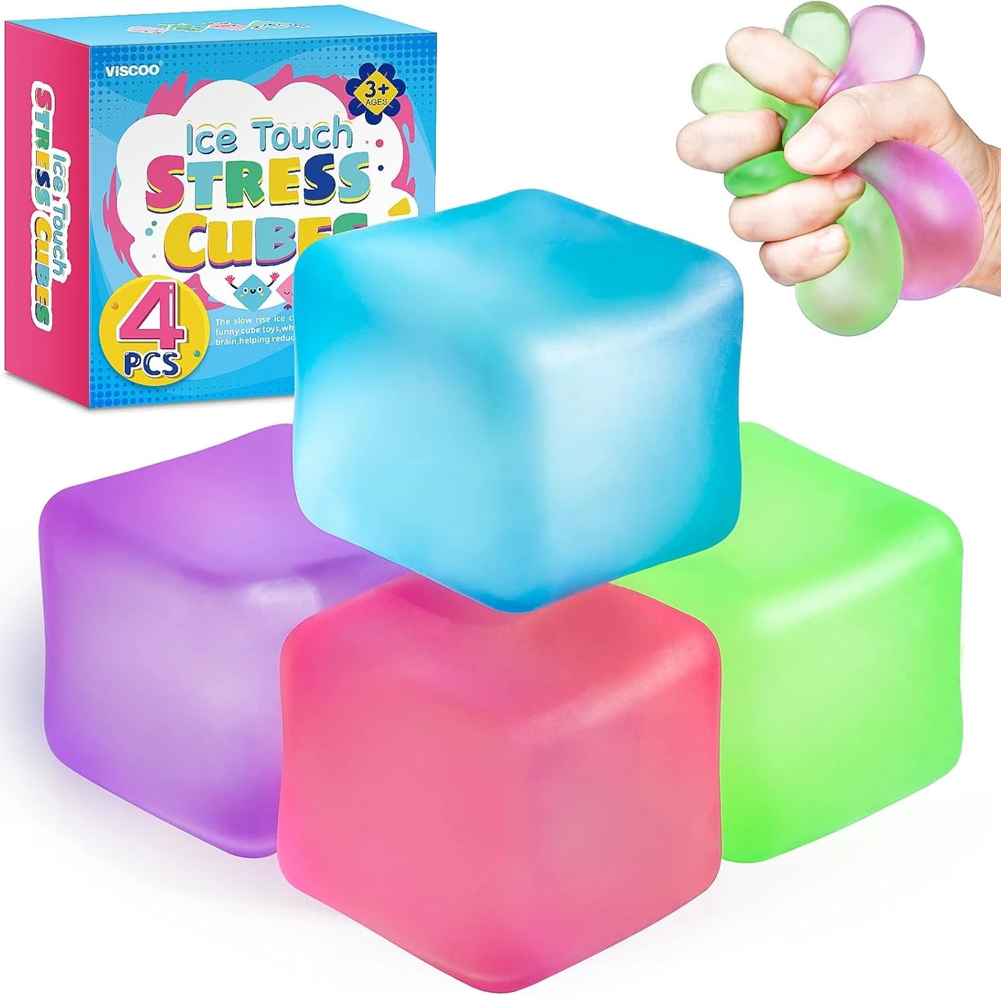 4 Pack Stress Cube, Slow Rising Ice Cube Stress Balls for Adults Kids, Sensory Fidget Toy for Anxiety Relief, Square Shape Squishy Balls for Classroom Prizes, Cube Squishy for Party Favors - US 1909