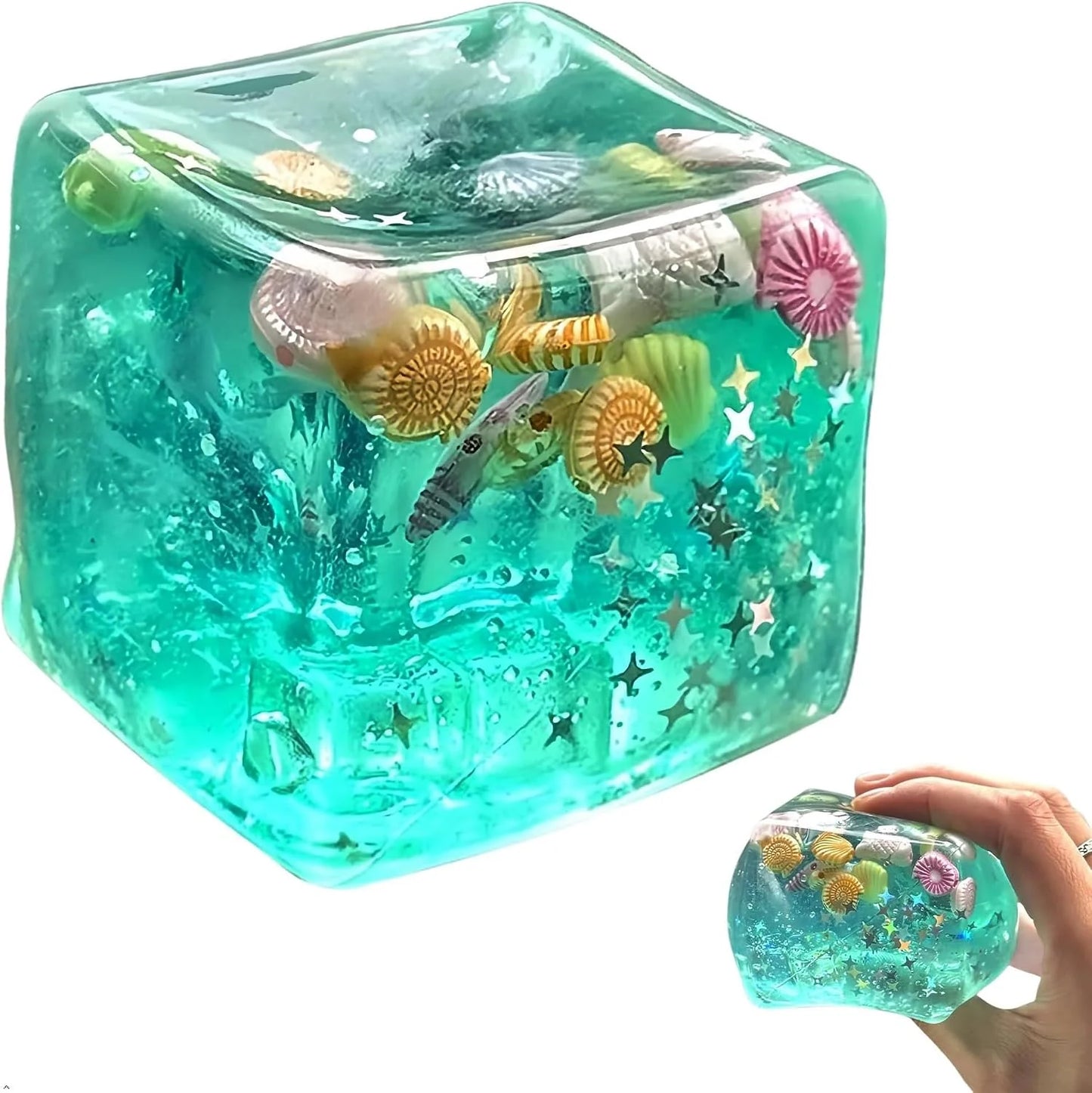 Ice Cube Cube Fidget Toys - Sensory Toys for Kids with Real Sea Shells, Squishy Fidget Toy for Kids & Adults | Non-Toxic Squeeze Ball for Anxiety, Focus & Calm for School, Office - US 5408