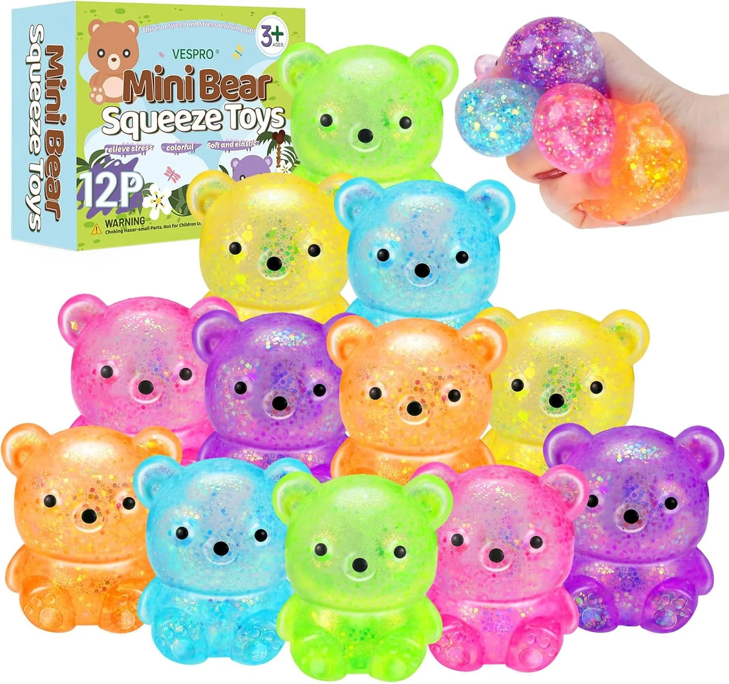 12Pack Fidget Toys Squishy ，Cute Bear Squeeze Ball , Bulk Squishy Fidget Squeeze Play Toys，Pull Stretch Classroom Prize Party Favors Toys for Kids - US 8980