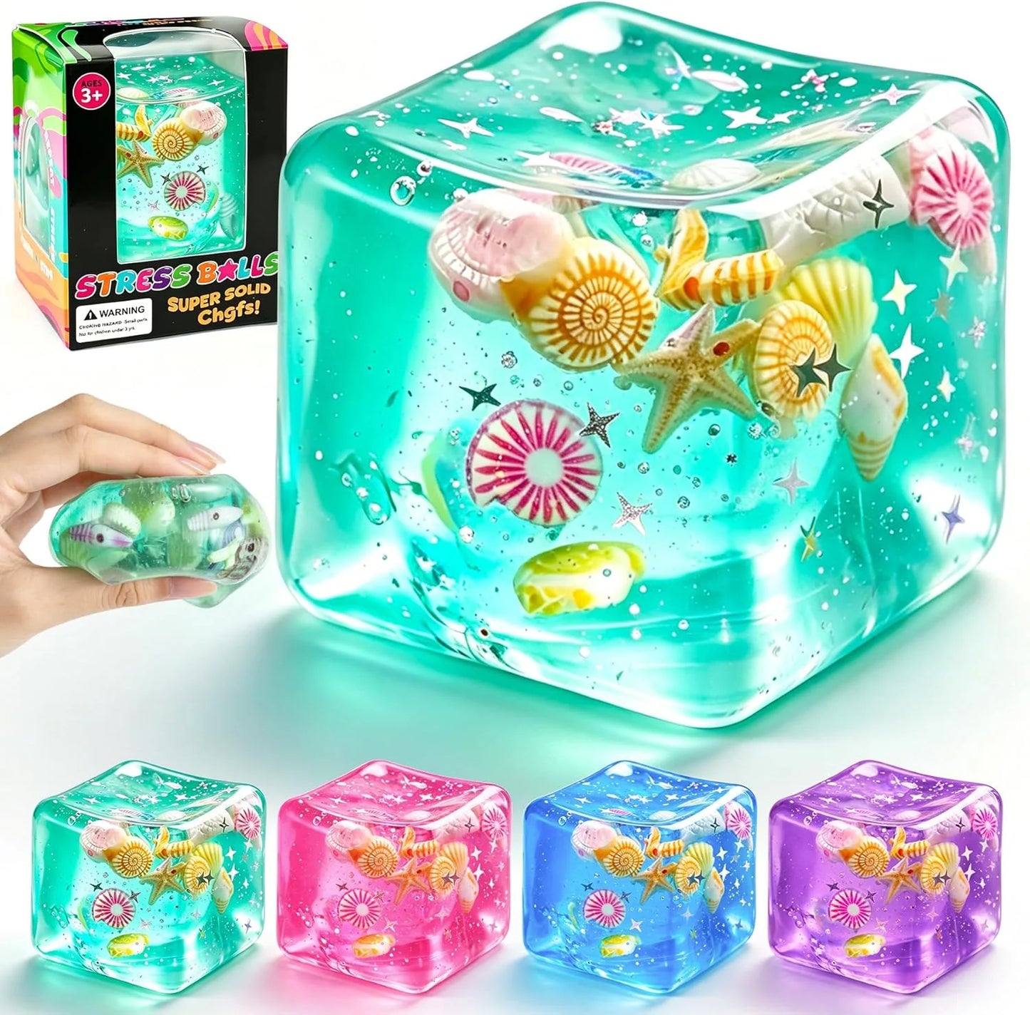 1Pc Ice Cube Squishy Stress Balls,Slow Rising Sensory Fidget Toy with Marine Shells Inside Square Soft Sensory Anxiety Relief Squeeze Cube for Adults Teens Kids(Green) - US 4298