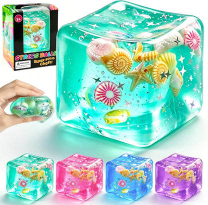 1Pc Ice Cube Squishy Stress Balls,Slow Rising Sensory Fidget Toy with Marine Shells Inside Square Soft Sensory Anxiety Relief Squeeze Cube for Adults Teens Kids(Green) - US 4298
