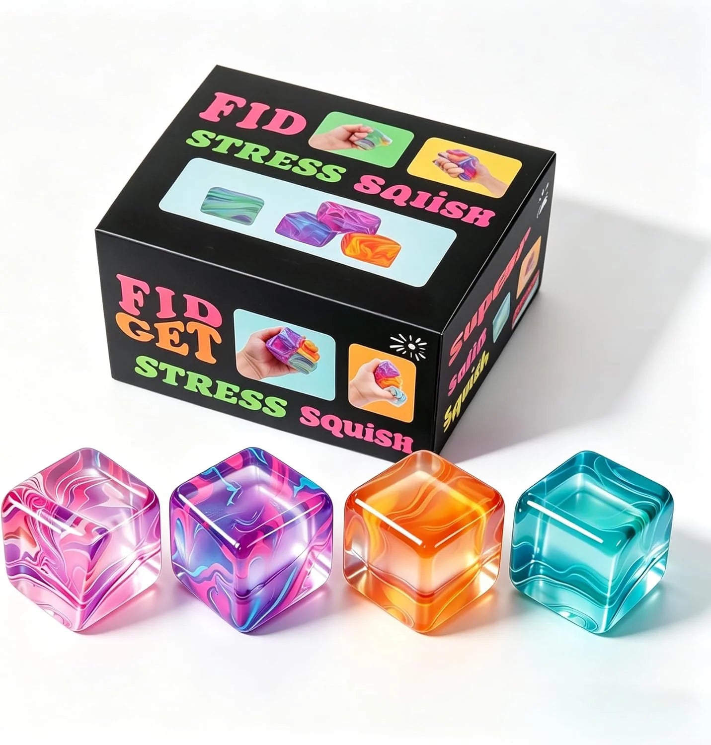 4Pack Fidget Toys Mini Squishy Stress Cube, Stress Balls for Kids, Adults Squishies Anxiety Stress Relief, Ice Squishy Cube Sugar Balls, Sensory Toys for Kids with Autism, Fidgets for Classroom Prize - US 4812