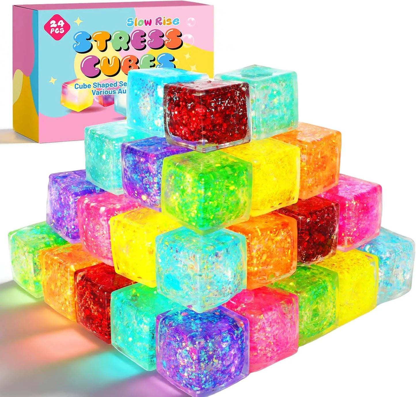 24 Pack Slow Rising Ice Cube Squishy Stress Balls，Stress Cube for Adults Kids , Bulk Taba Squish Fidget Toys, Square Squeeze Toy for Classroom Prizes, Mini Nice Cube Squishy for Party Favors - US 4051