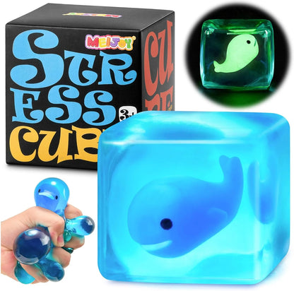 Stress Cube Squishy Fidget Toys Kids Adults - Glow in The Dark Whale Squish Toy Sensory Toys for Kids with Autism Stress Balls for Kids Squeeze Toys for Anxiety Stress Relief Easter Basket Stuffers - US 7099
